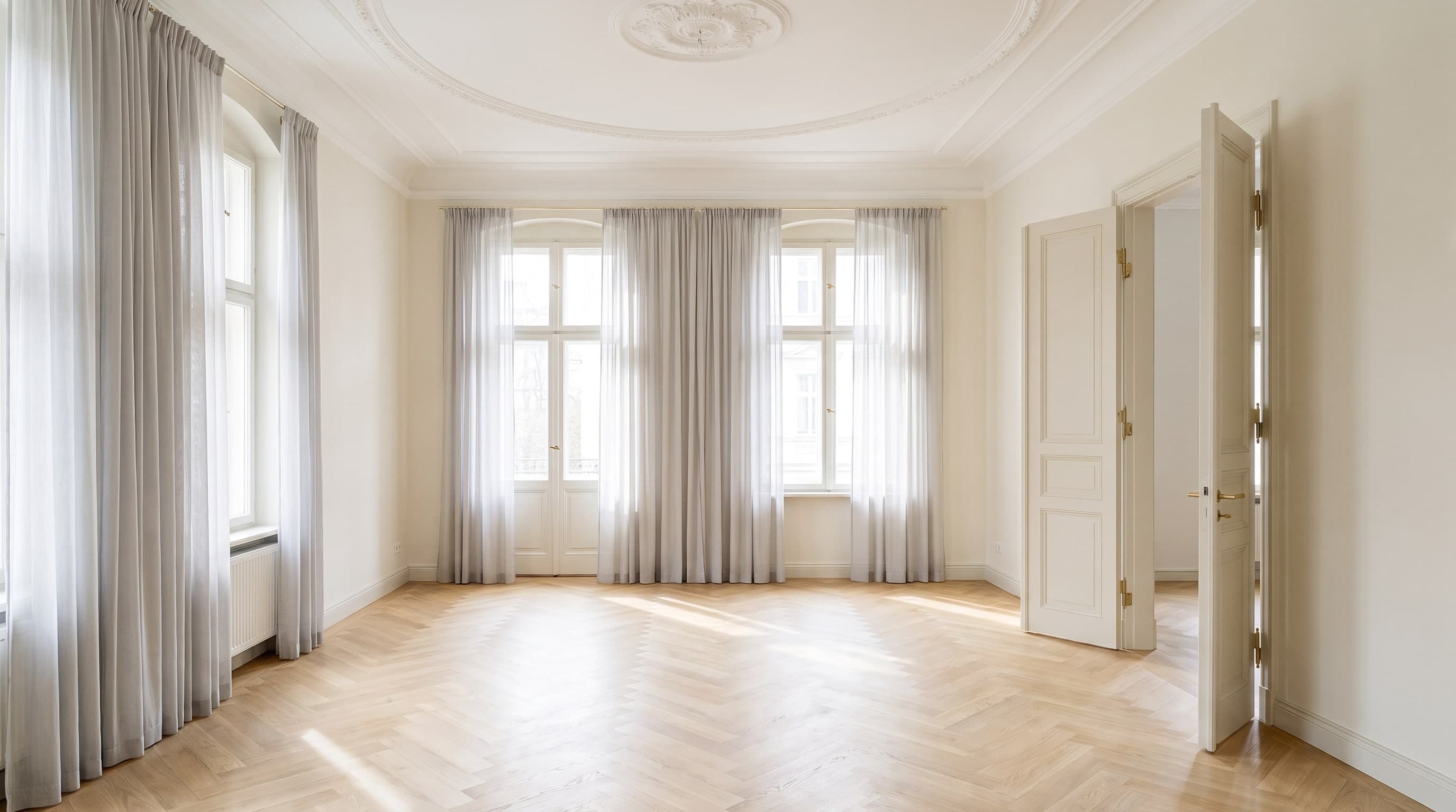 Heller leerer Altbau-Salon mit hohen Fenstern, Stuck und Fischgrät-Parkett (Beispielbild)